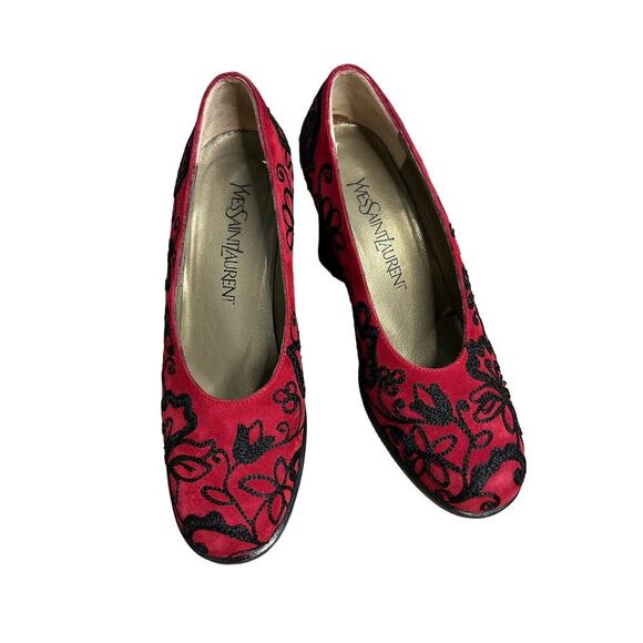 YSL Yves Saint Laurent Red Embroidery Black Suede Pump Heels Size 6 - Picture 2 of 10